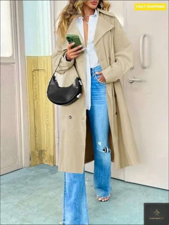 Oversized Double Breasted Trench Coat Classic Elegant Chic Belted Overcoat - Picture 5 of 7